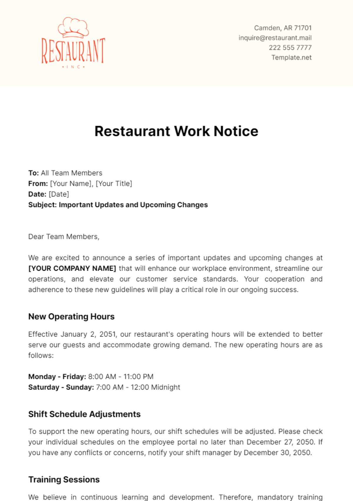 Restaurant Work Notice Template - Edit Online & Download