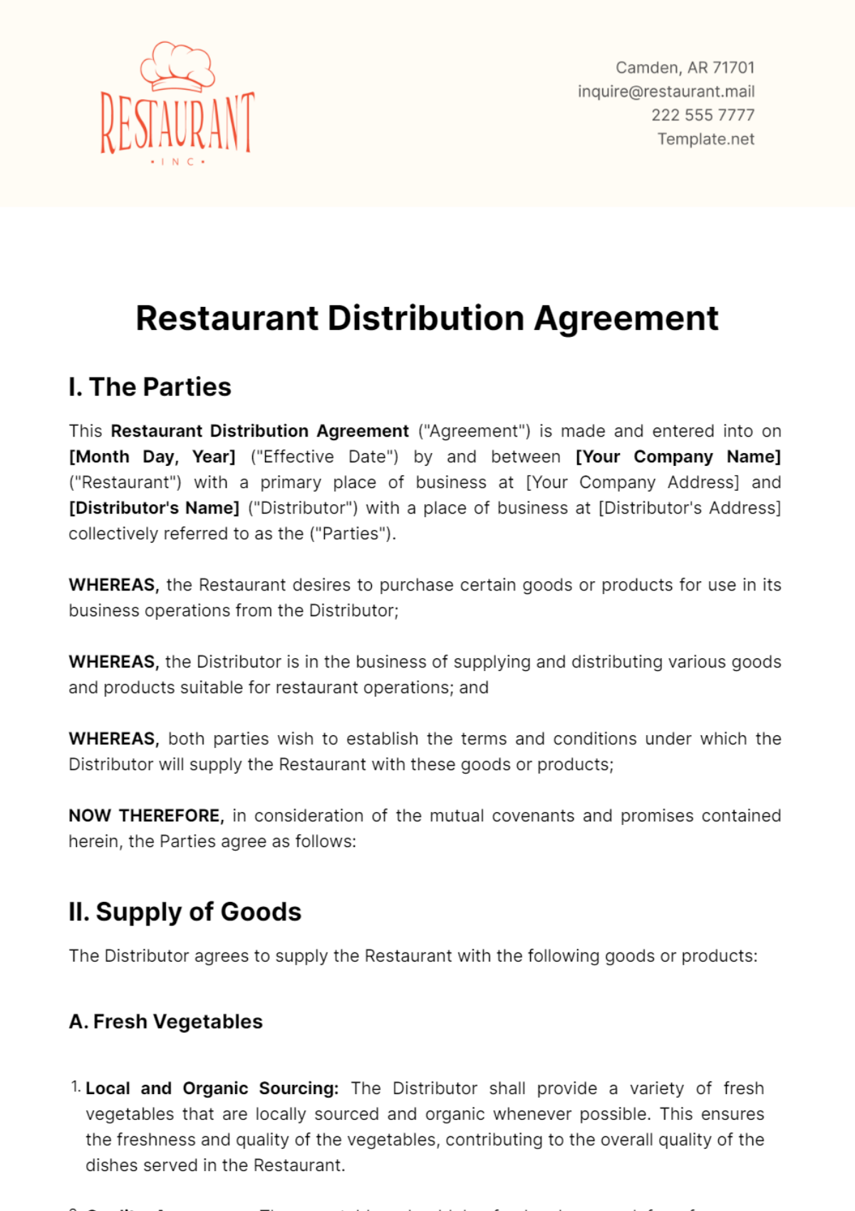 Restaurant Distribution Agreement Template - Edit Online & Download