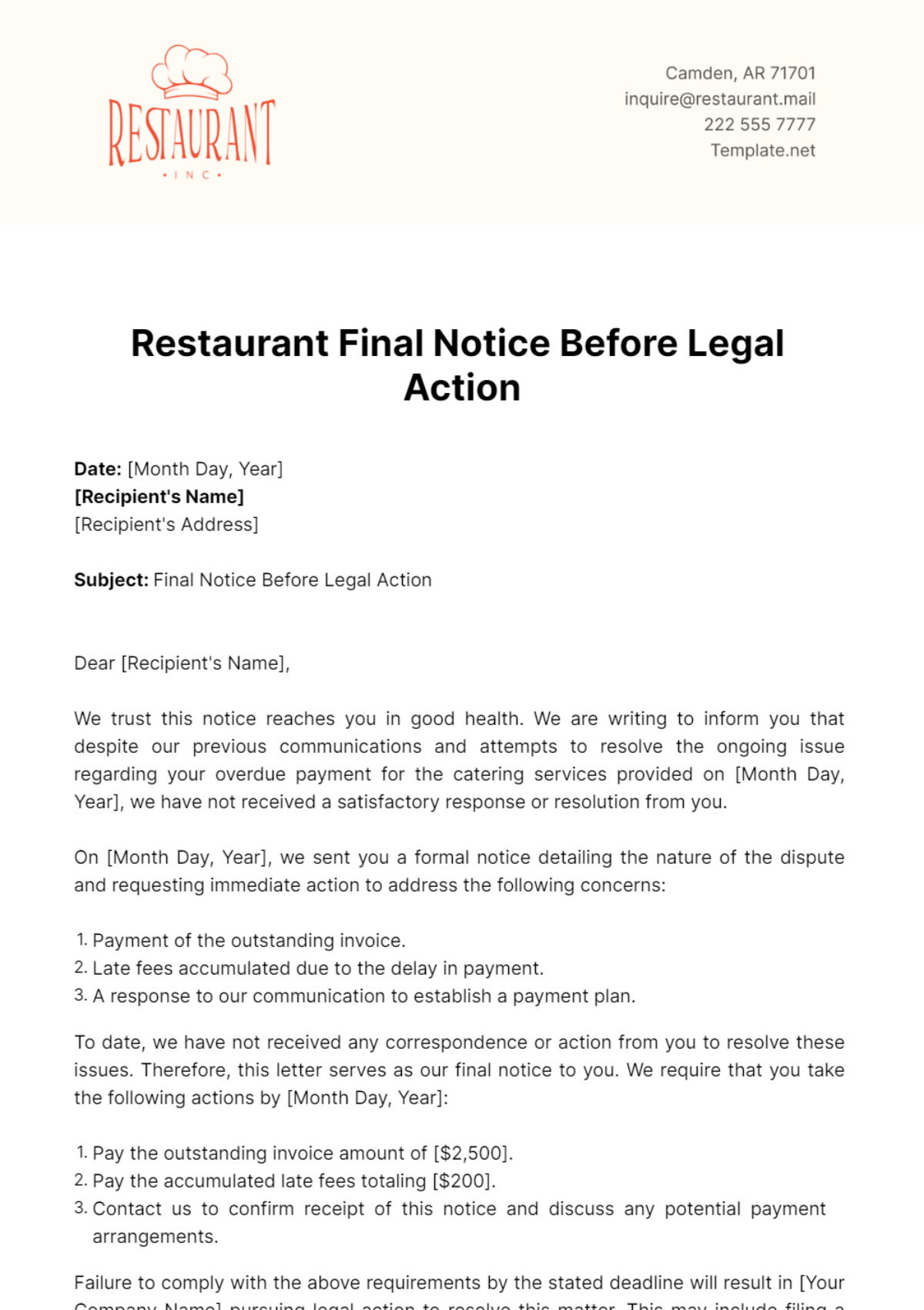 Restaurant Final Notice Before Legal Action Template - Edit Online & Download