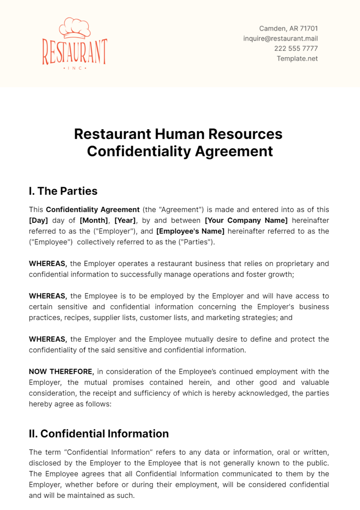 Restaurant Human Resources Confidentiality Agreement Template - Edit Online & Download