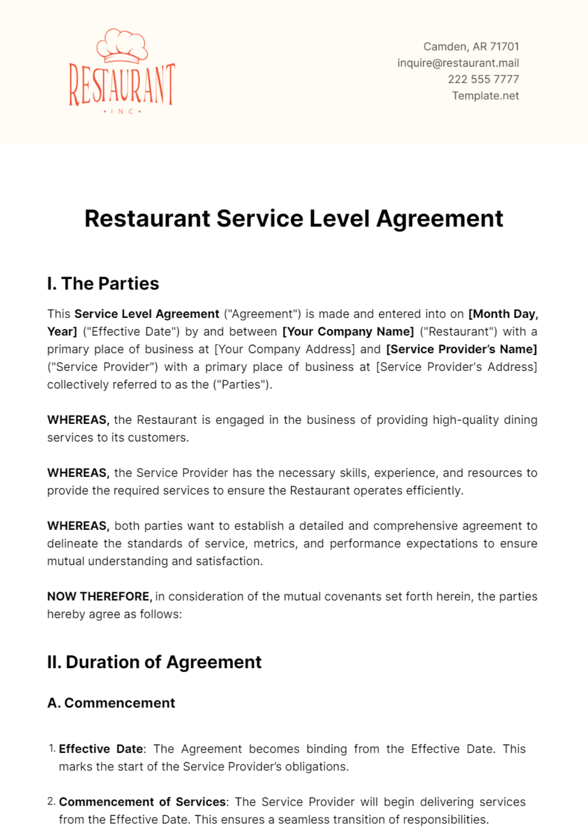 Restaurant Service Level Agreement Template - Edit Online & Download