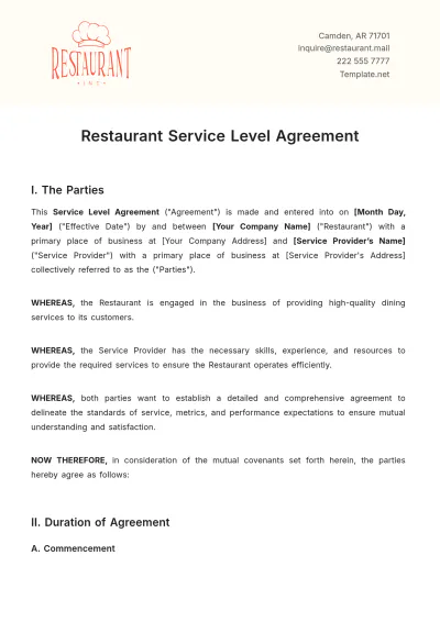 Free Restaurant Service Level Agreement Template to Edit Online