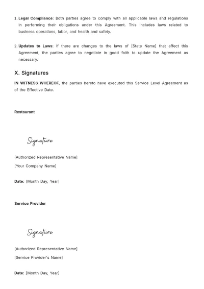Free Restaurant Service Level Agreement Template to Edit Online