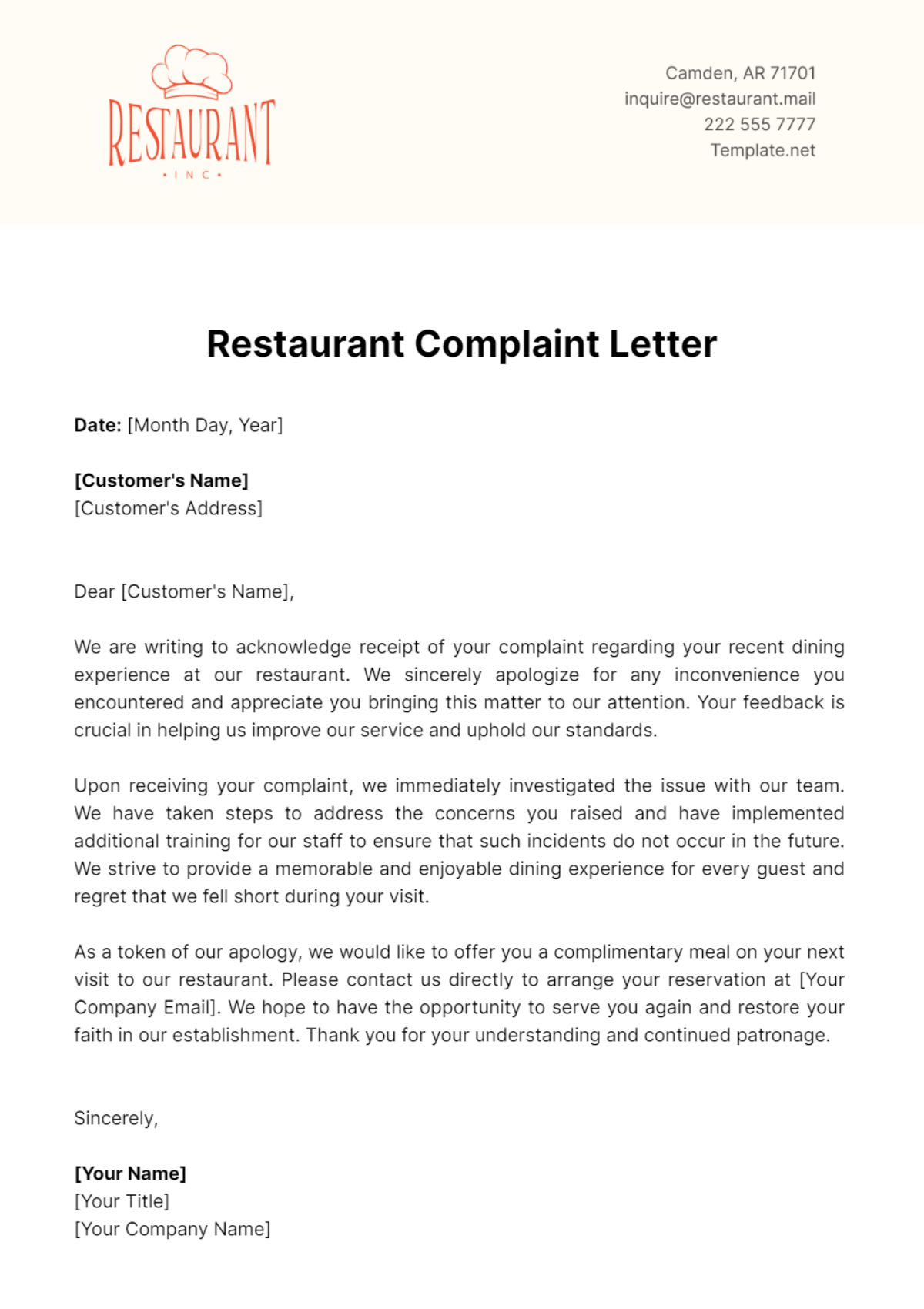 Restaurant Complaint Letter Template - Edit Online & Download