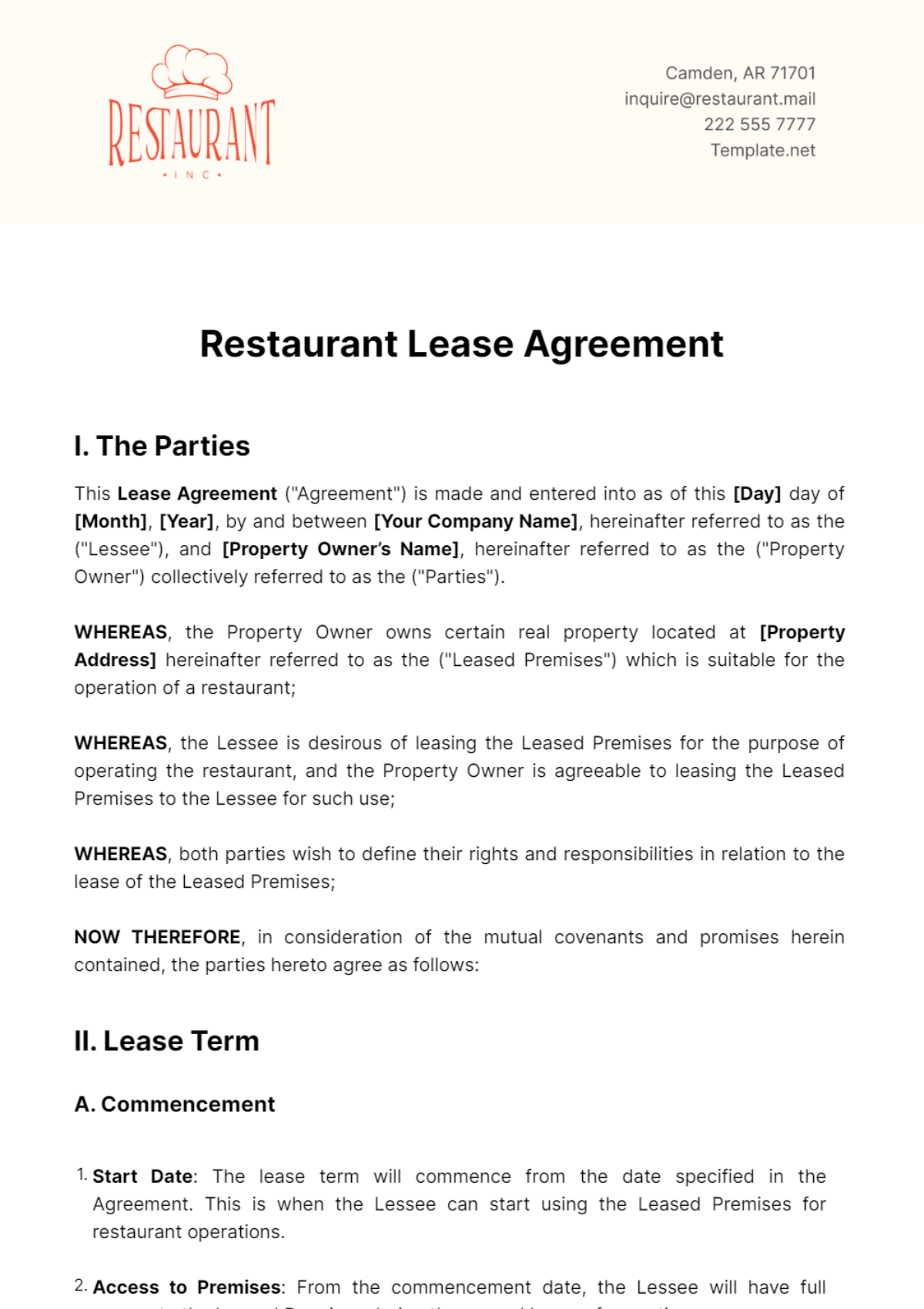 Restaurant Lease Agreement Template - Edit Online & Download