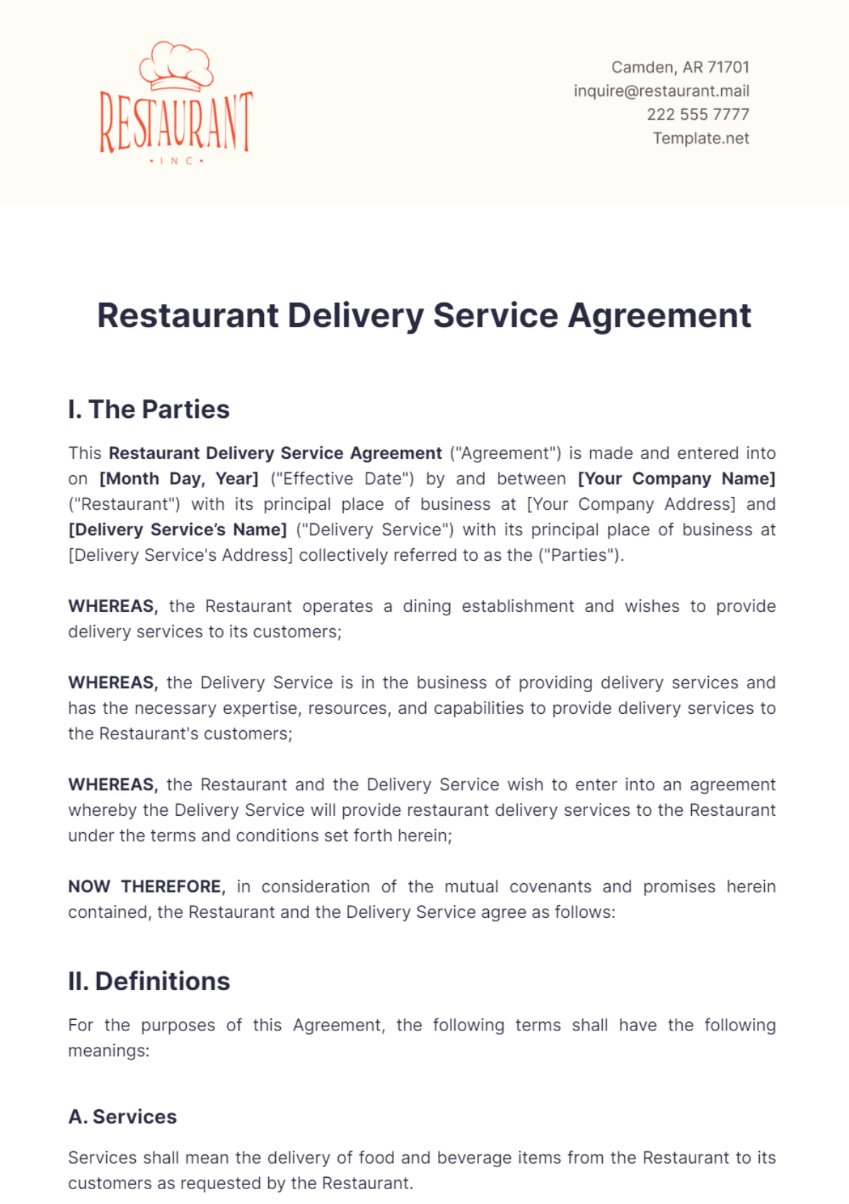 Restaurant Delivery Service Agreement Template - Edit Online & Download