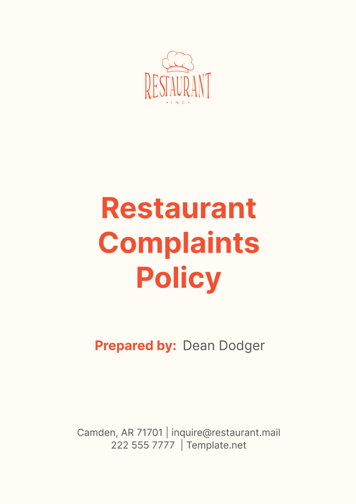 Restaurant Complaints Policy Template - Edit Online & Download