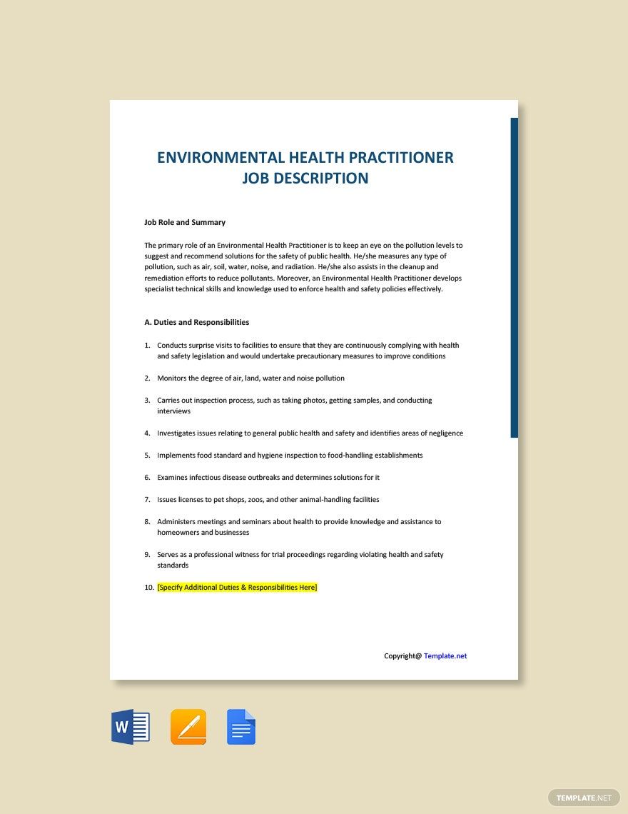 Environmental health specialist job description