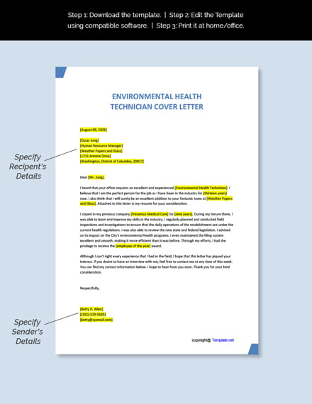 cover letter for environmental technician position