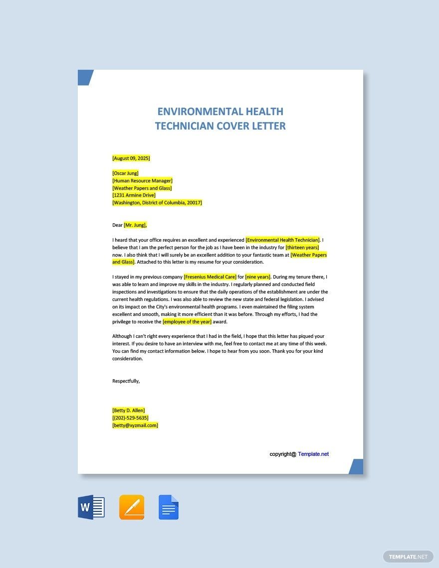 Environmental Health Technician Cover Letter