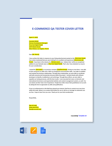 eCommerce QA Tester Cover Letter