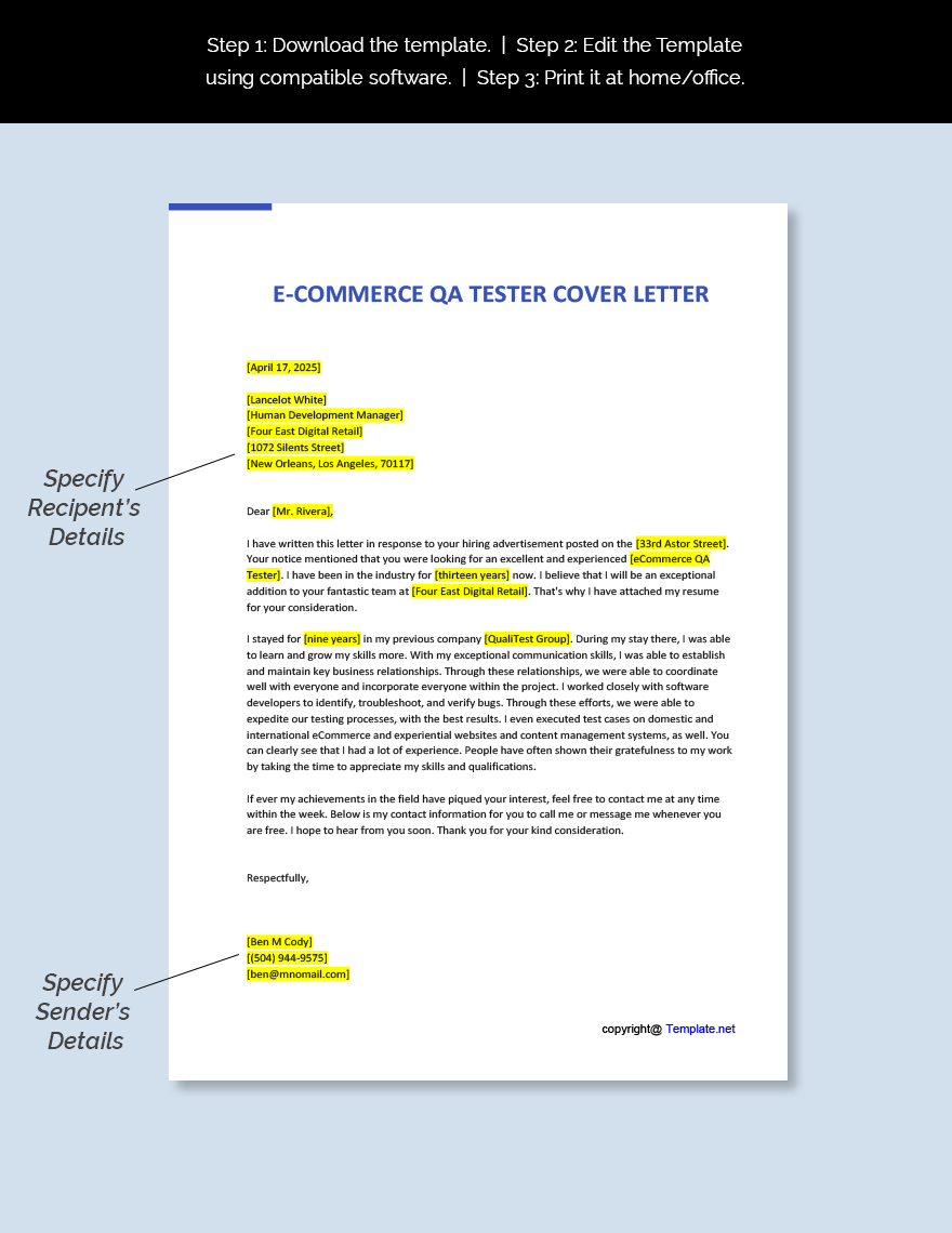 E Commerce QA Tester Cover Letter