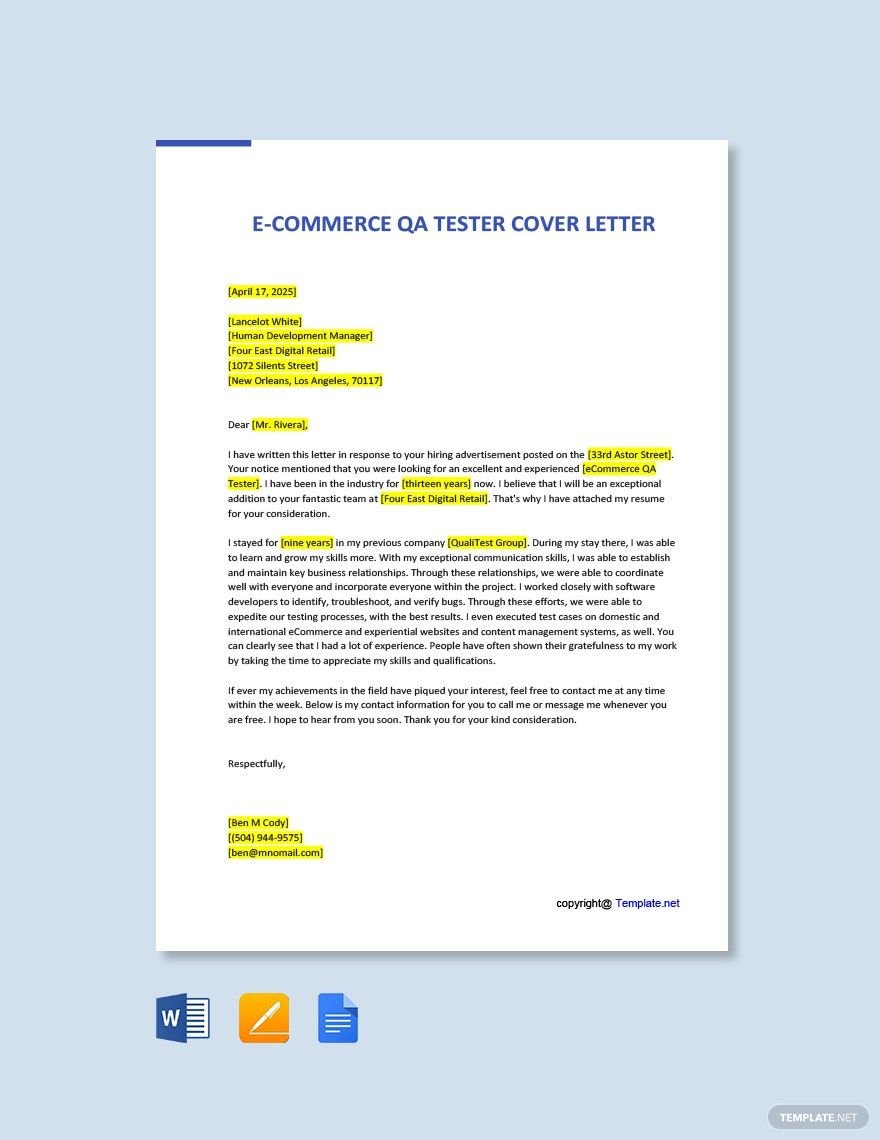 E Commerce QA Tester Cover Letter