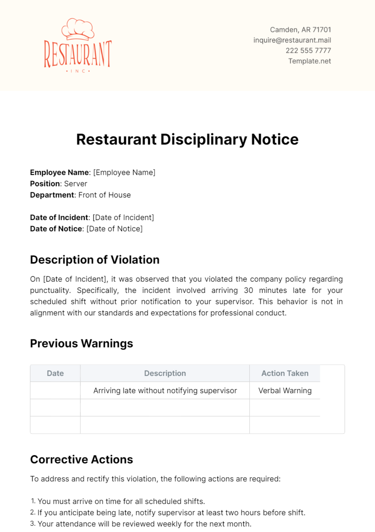 Free Restaurant Disciplinary Notice Template
