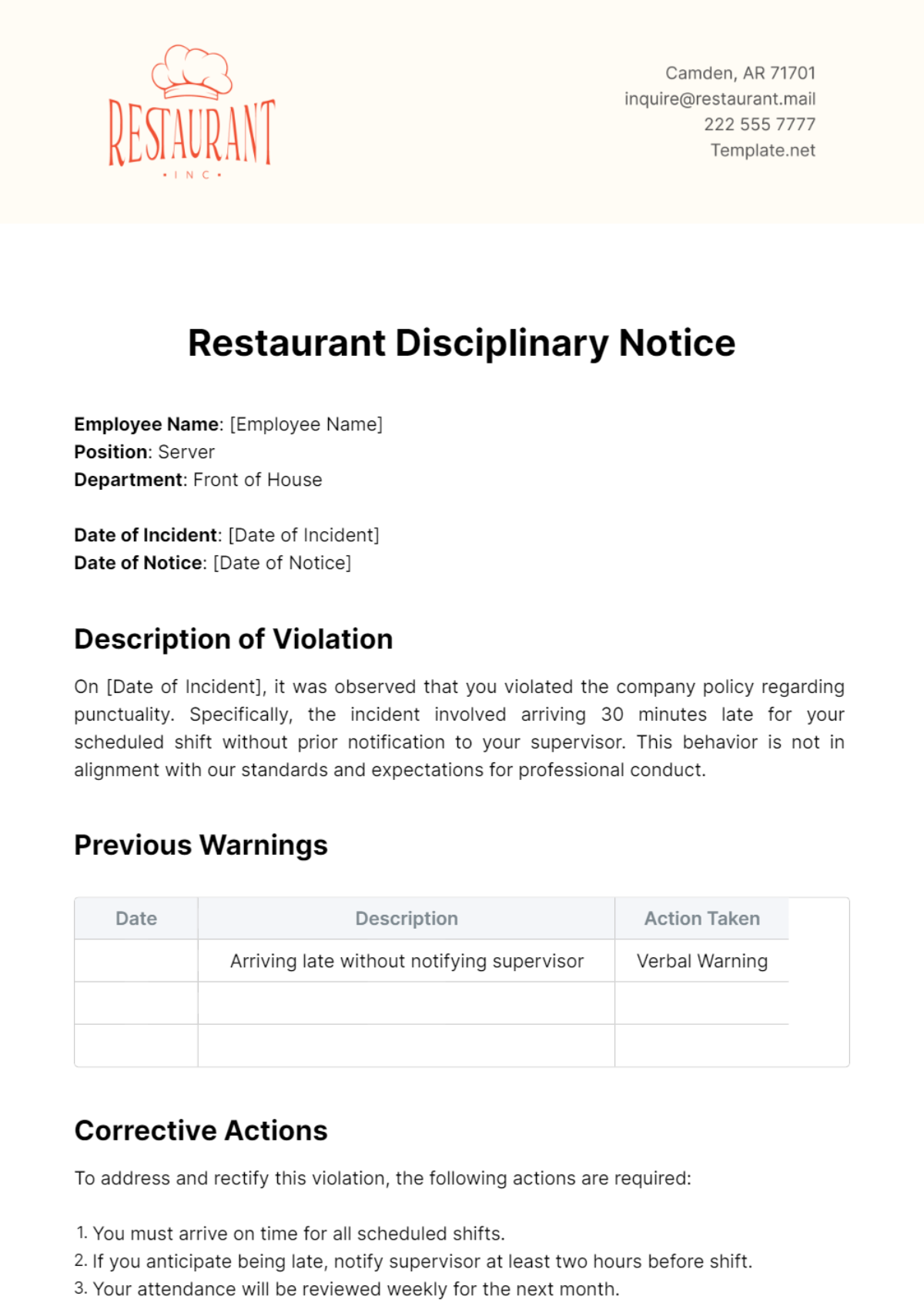 Restaurant Disciplinary Notice Template - Edit Online & Download