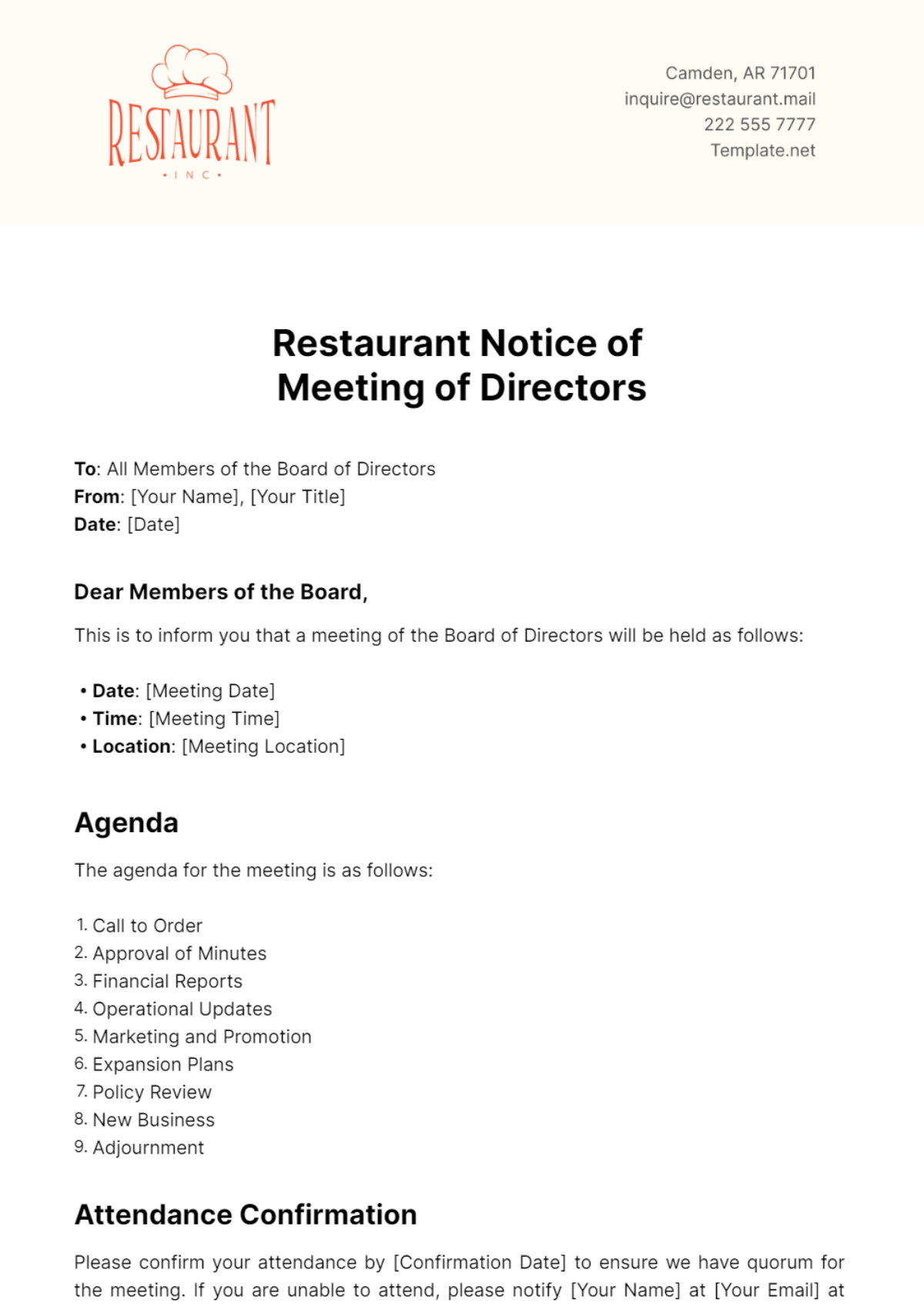 Restaurant Notice of Meeting of Directors Template - Edit Online & Download