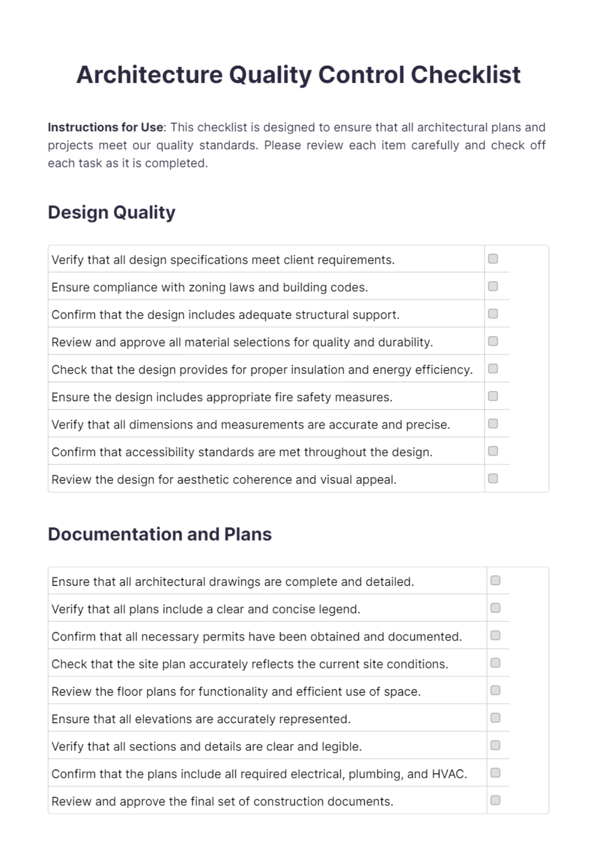 Architecture Quality Control Checklist Template - Edit Online & Download