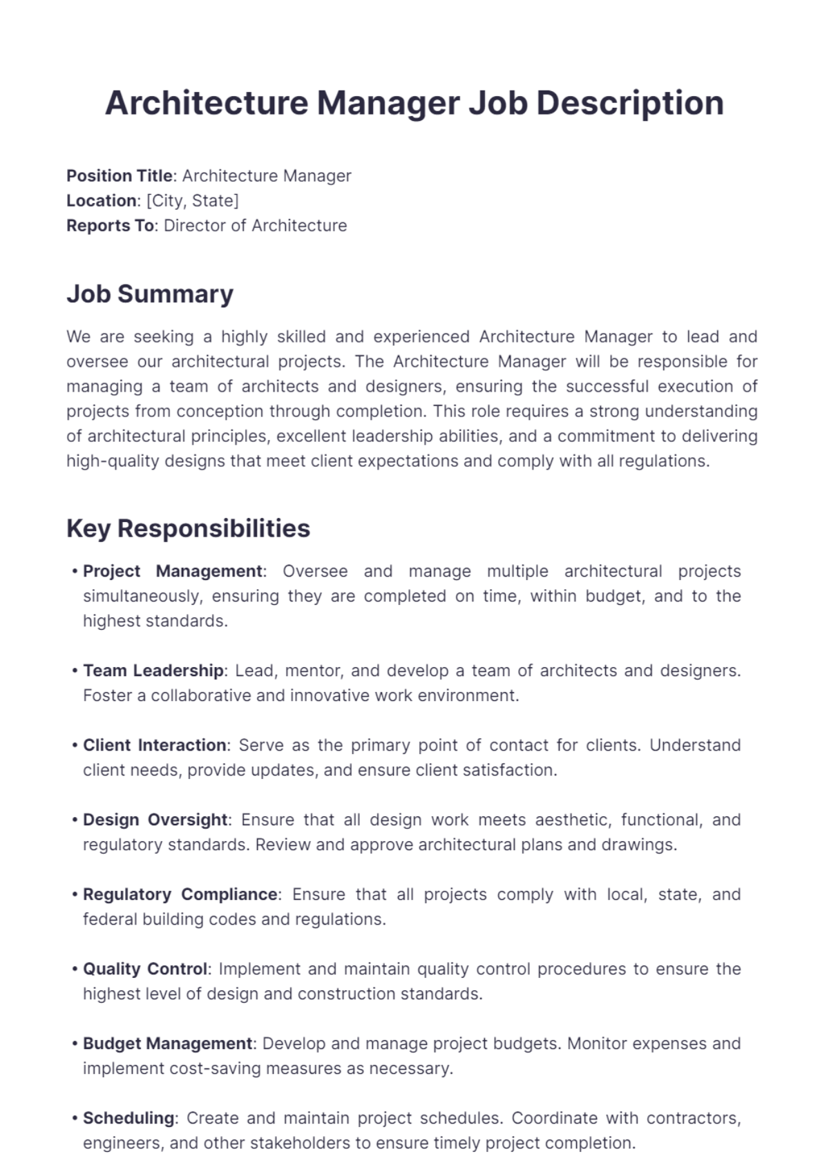 Architecture Manager Job Description Template - Edit Online & Download