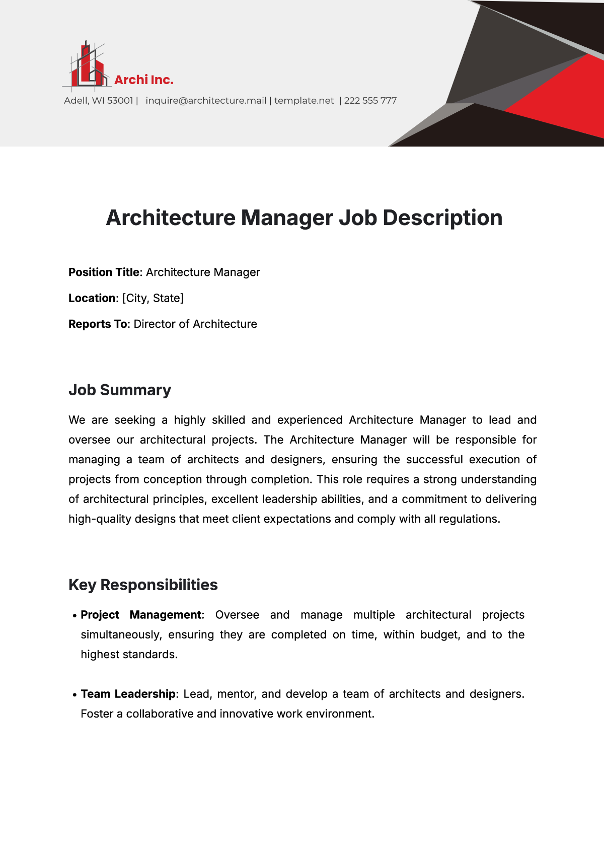 Free Architecture Manager Job Description Template