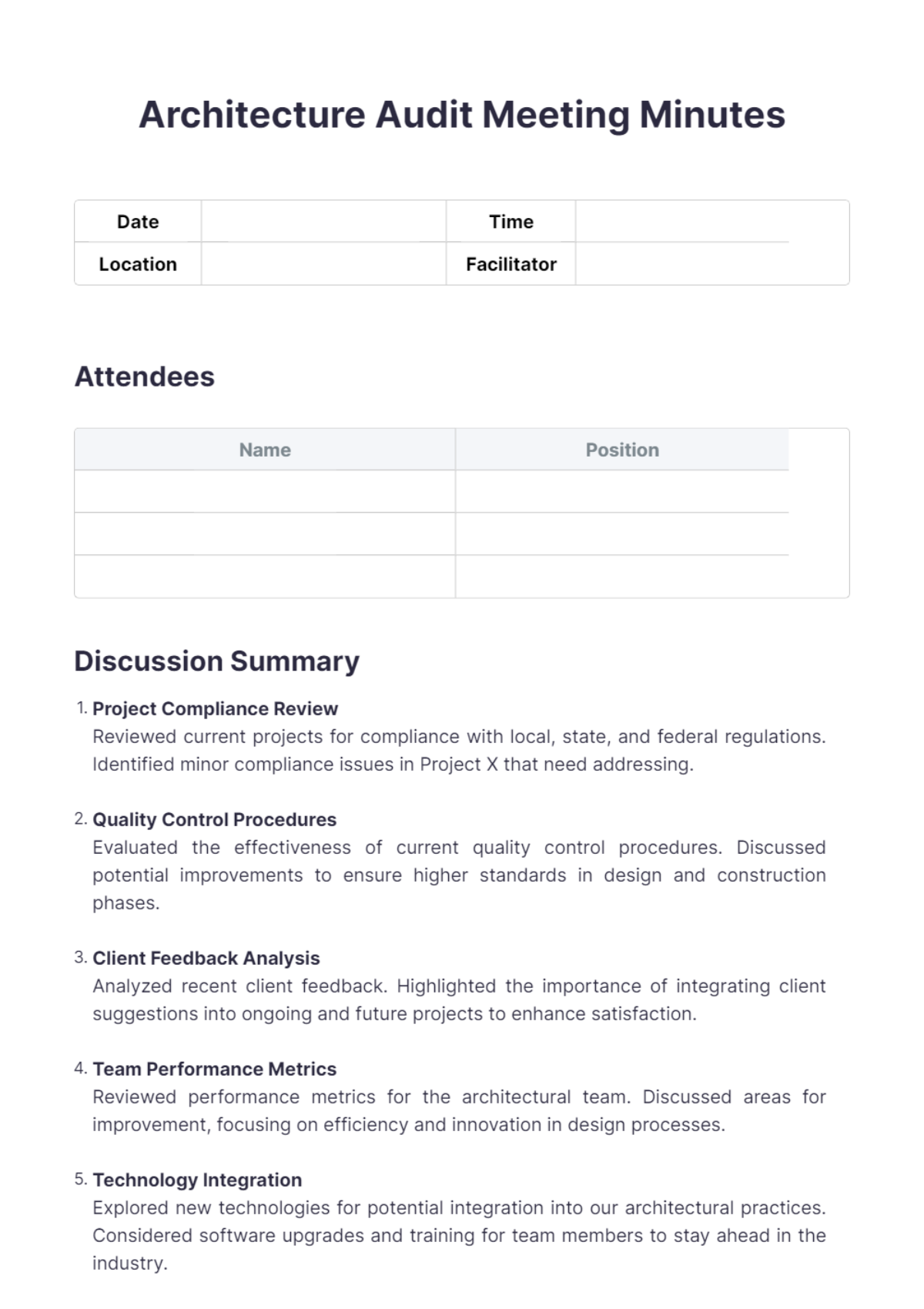 Architecture Audit Meeting Minutes Template - Edit Online & Download