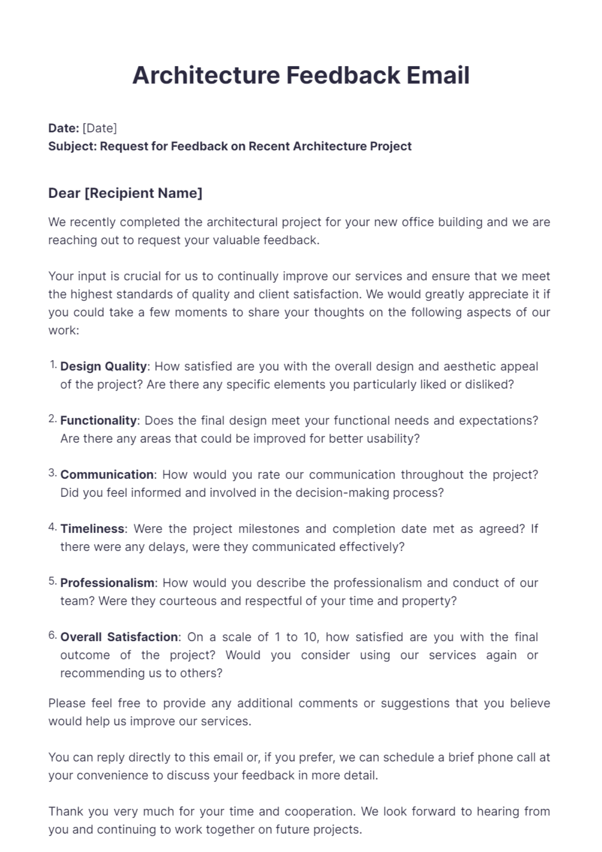 Architecture Feedback Email Template - Edit Online & Download