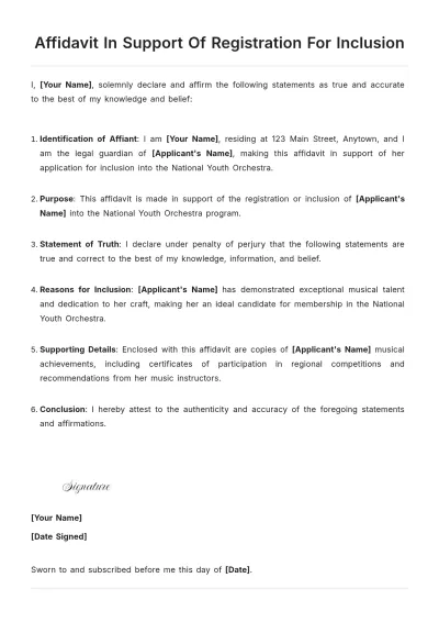 Free Affidavit In Support Of Registration For Inclusion Template to Edit Online