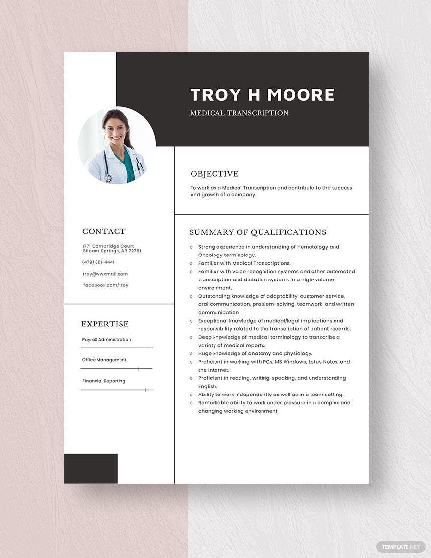 Free Medical Transcription Resume in Word, Apple Pages