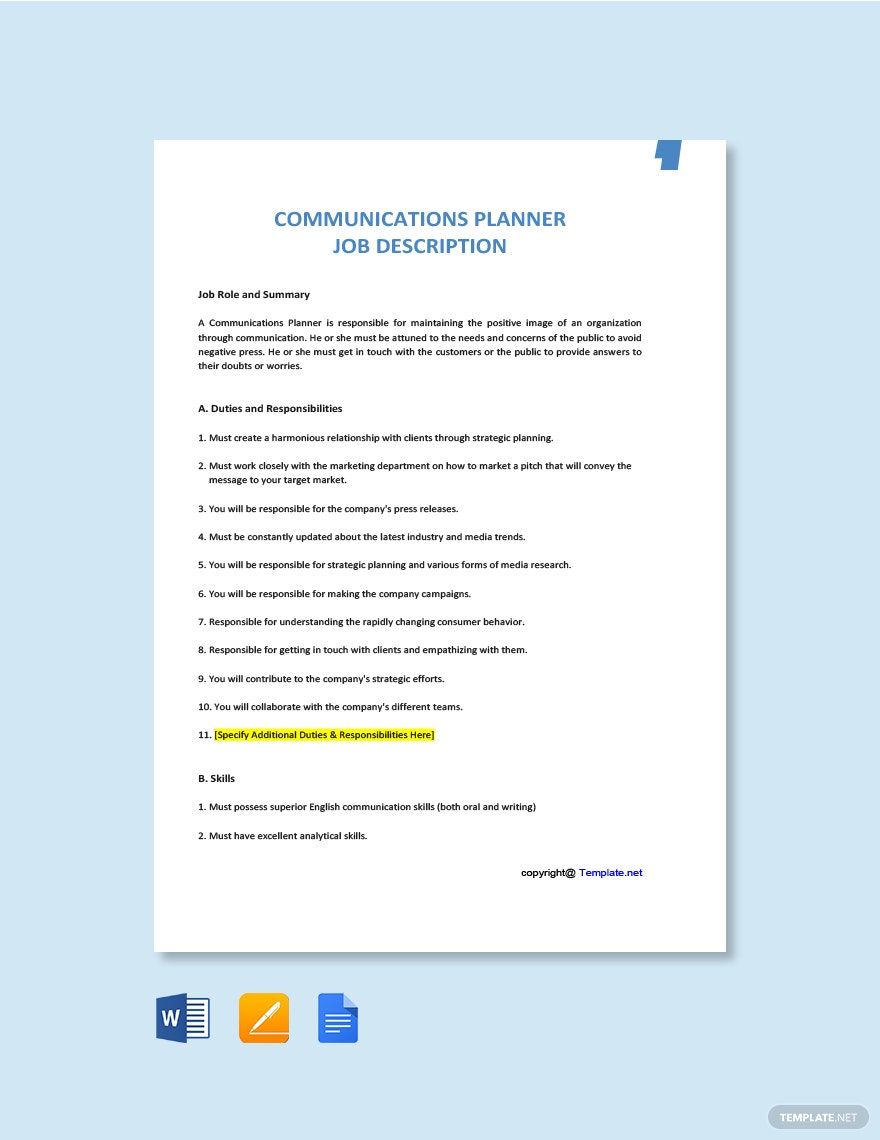 Communications Planner Job Description Template