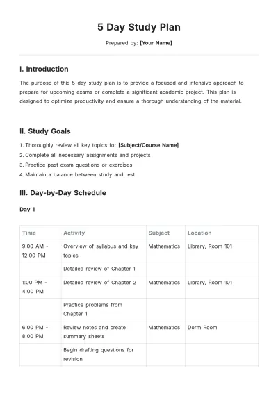 Free 5 Day Study Plan Template to Edit Online