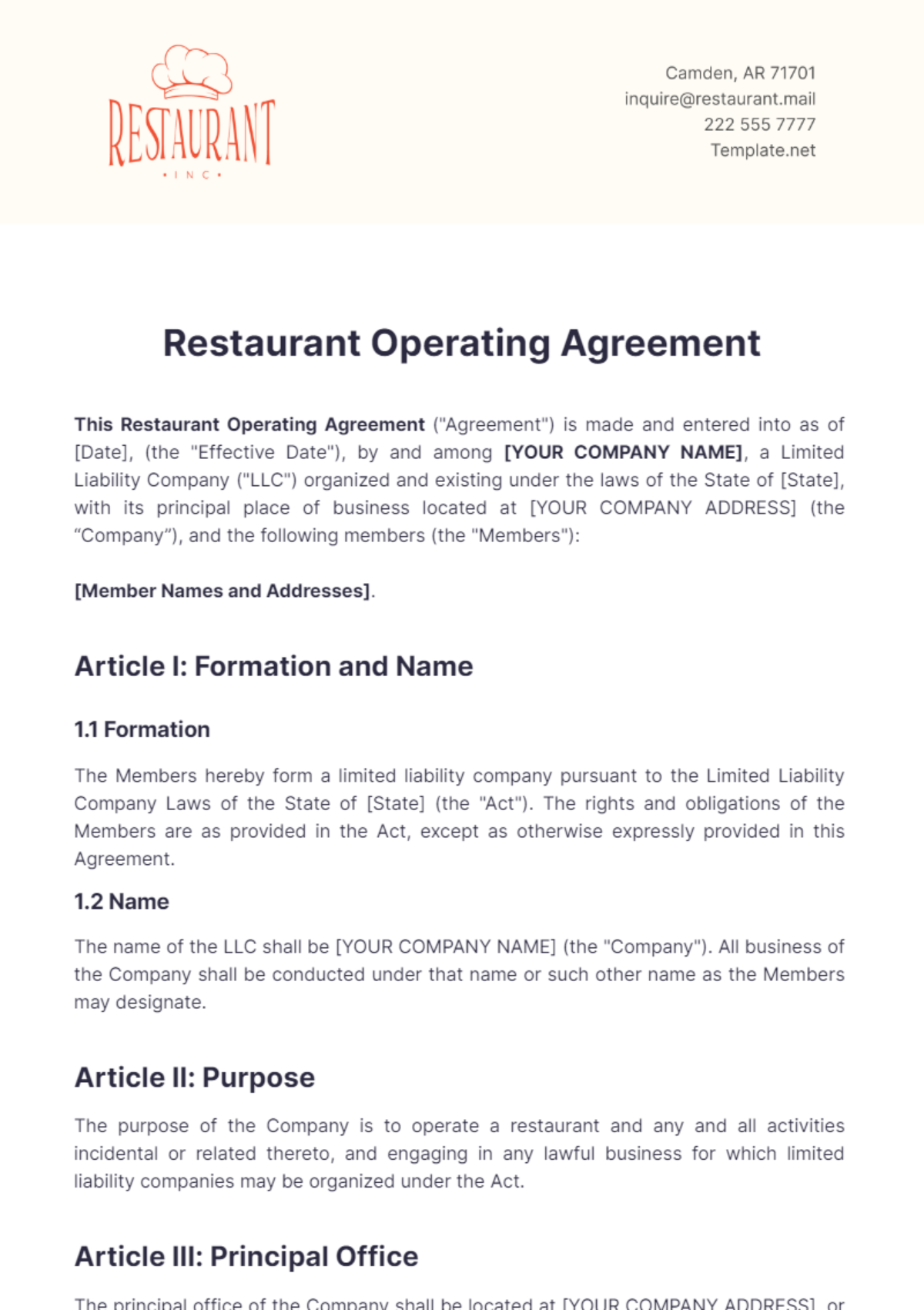 Restaurant Operating Agreement Template - Edit Online & Download