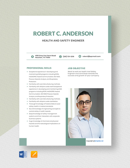Free Health And Safety Engineer Resume Template - Word, Apple Pages