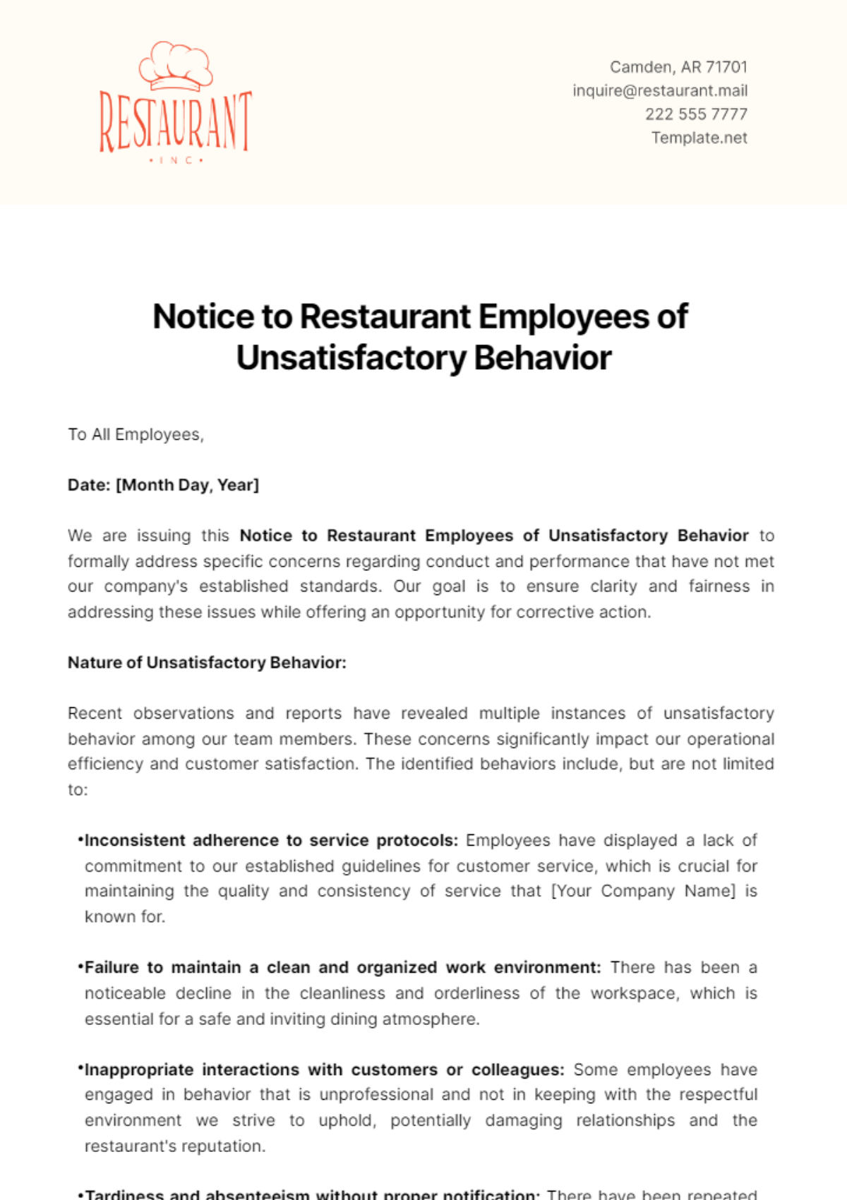 Notice to Restaurant Employees of Unsatisfactory Behavior Template
