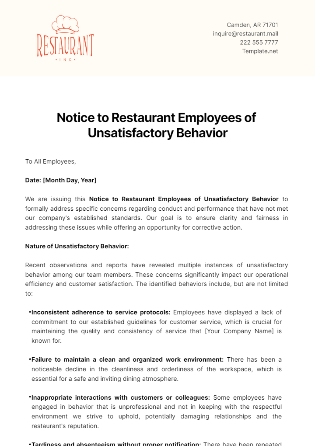 Notice to Restaurant Employees of Unsatisfactory Behavior Template - Edit Online & Download