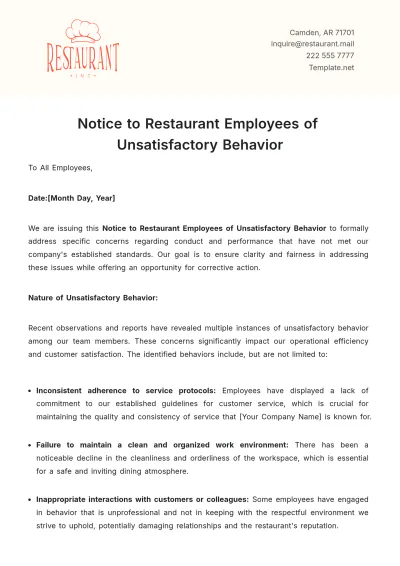 Free Notice to Restaurant Employees of Unsatisfactory Behavior Template to Edit Online