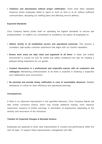 Free Notice to Restaurant Employees of Unsatisfactory Behavior Template to Edit Online