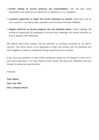 Free Notice to Restaurant Employees of Unsatisfactory Behavior Template to Edit Online