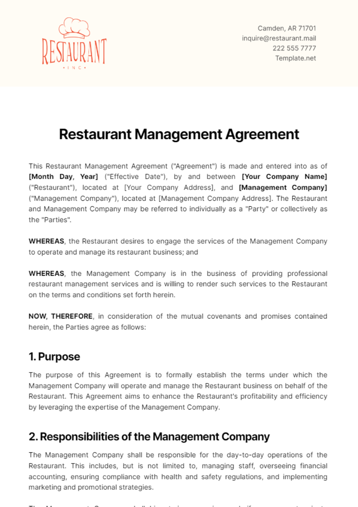 Restaurant Management Agreement Template - Edit Online & Download