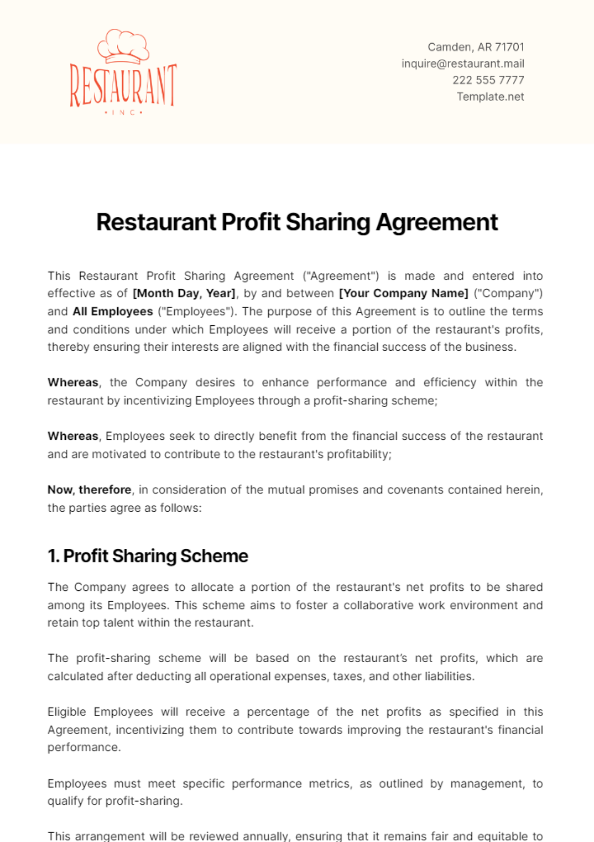 Restaurant Profit Sharing Agreement Template - Edit Online & Download