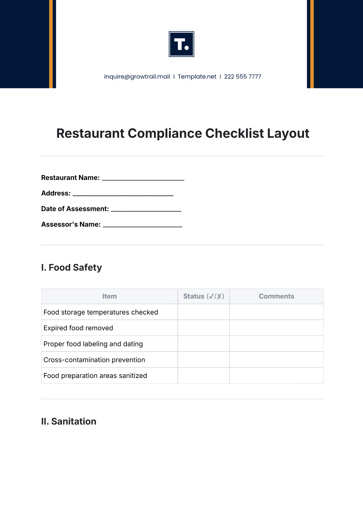 Restaurant Compliance Checklist Layout Template - Edit Online & Download