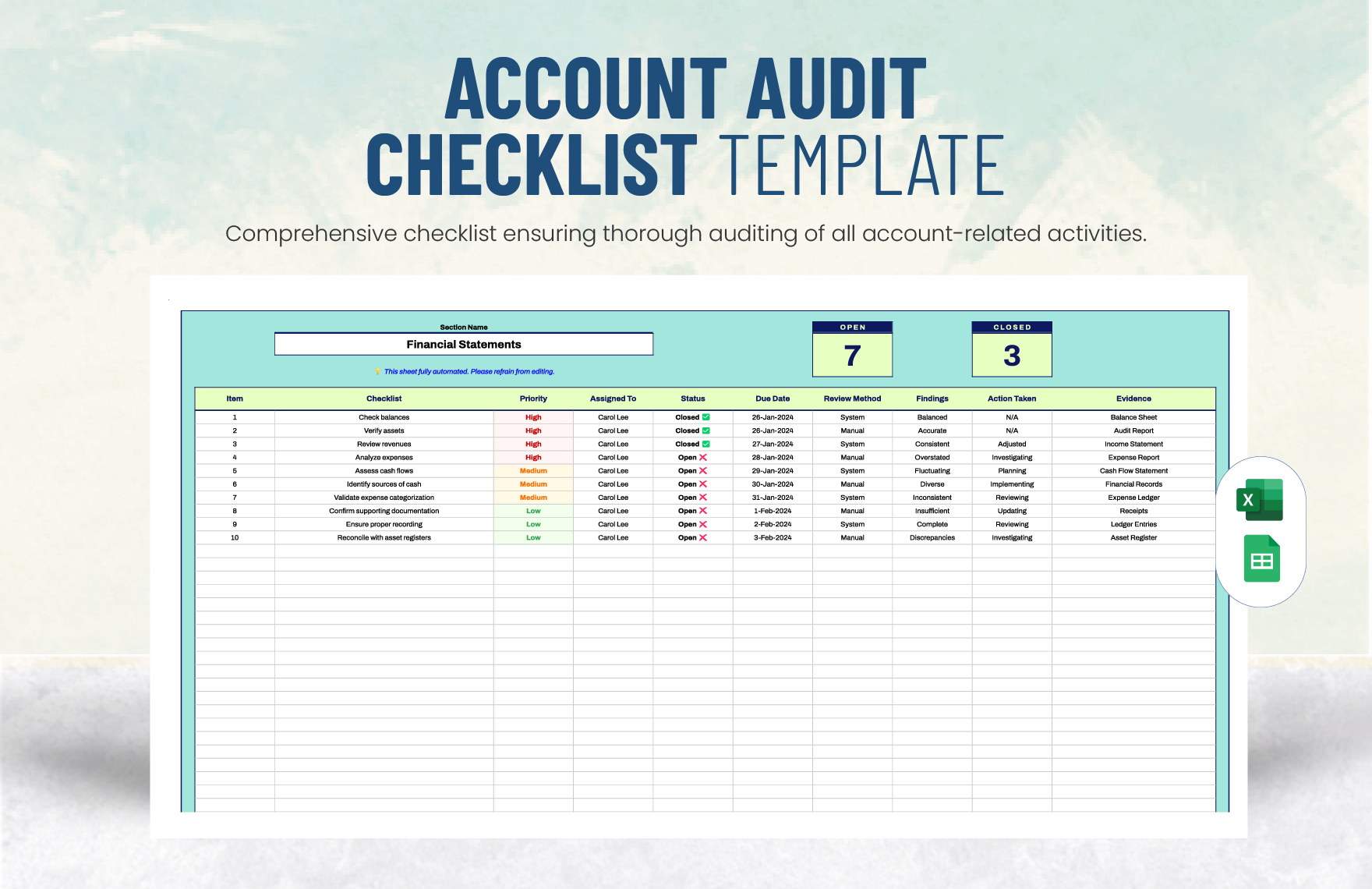 Account Audit Checklist Template in Excel, Google Sheets