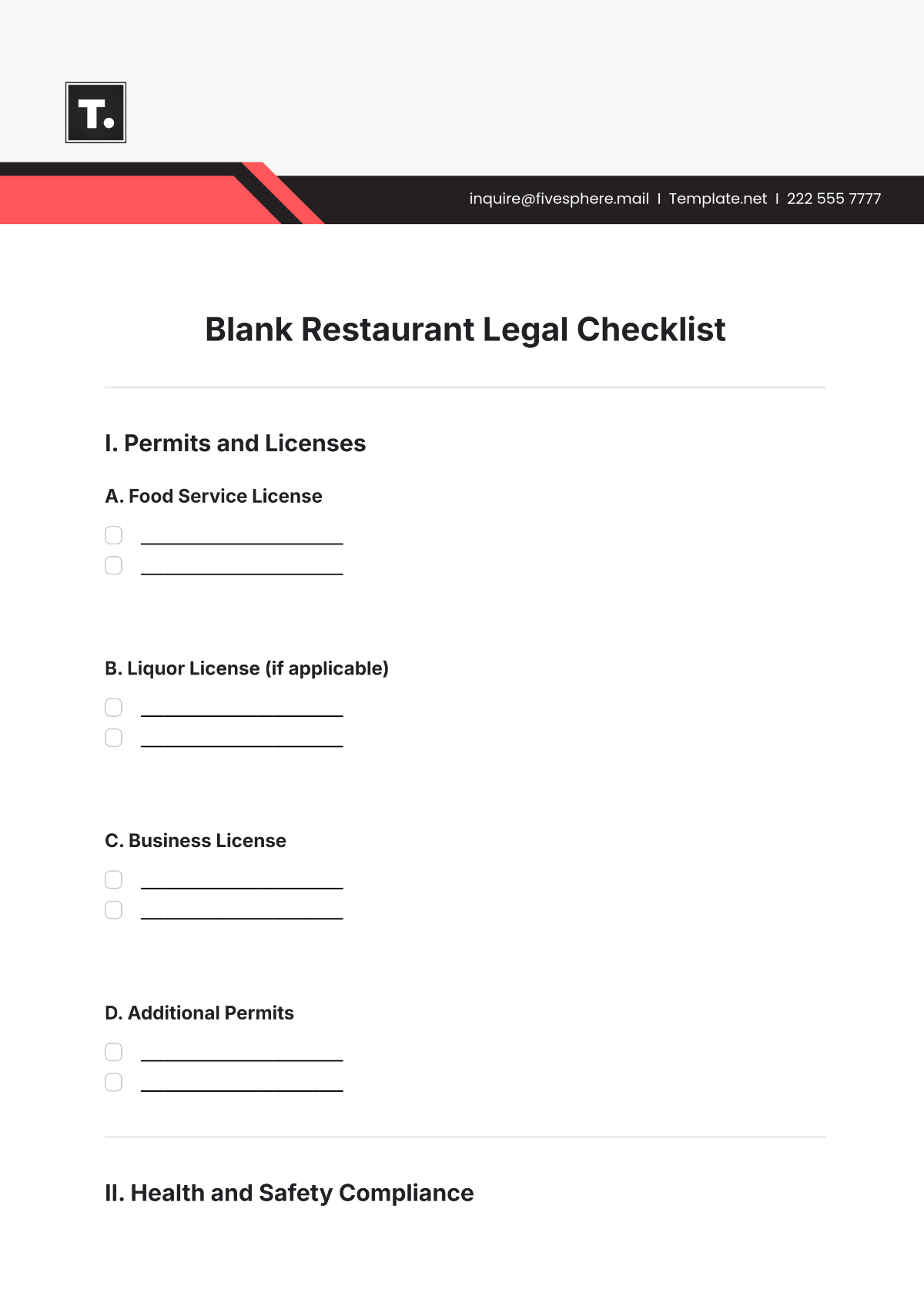 Blank Restaurant Legal Checklist Template - Edit Online & Download