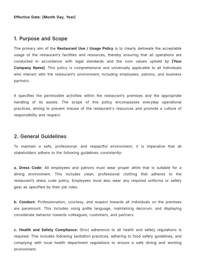 Free Restaurant Use / Usage Policy Template to Edit Online