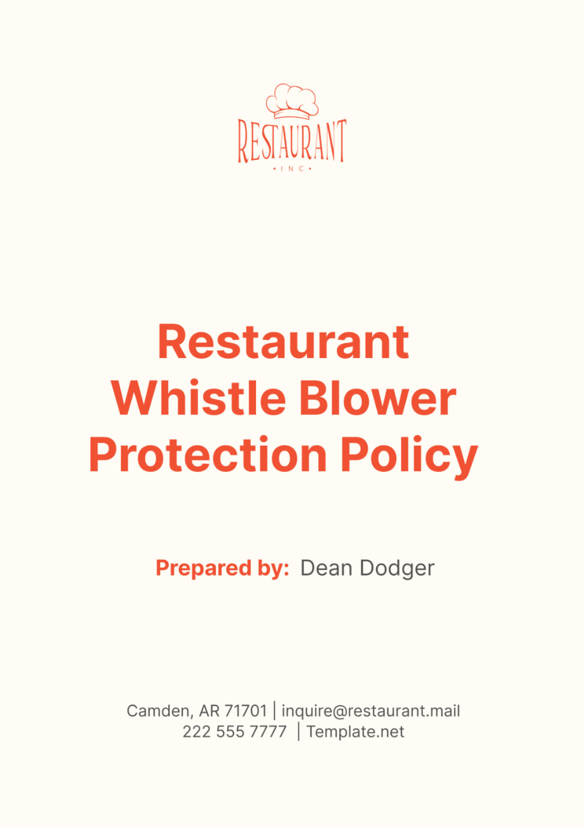 Restaurant Whistle Blower Protection Policy Template - Edit Online & Download