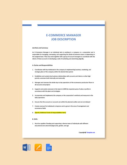 FREE E Commerce Manager Job Description Template in Google Docs, Word