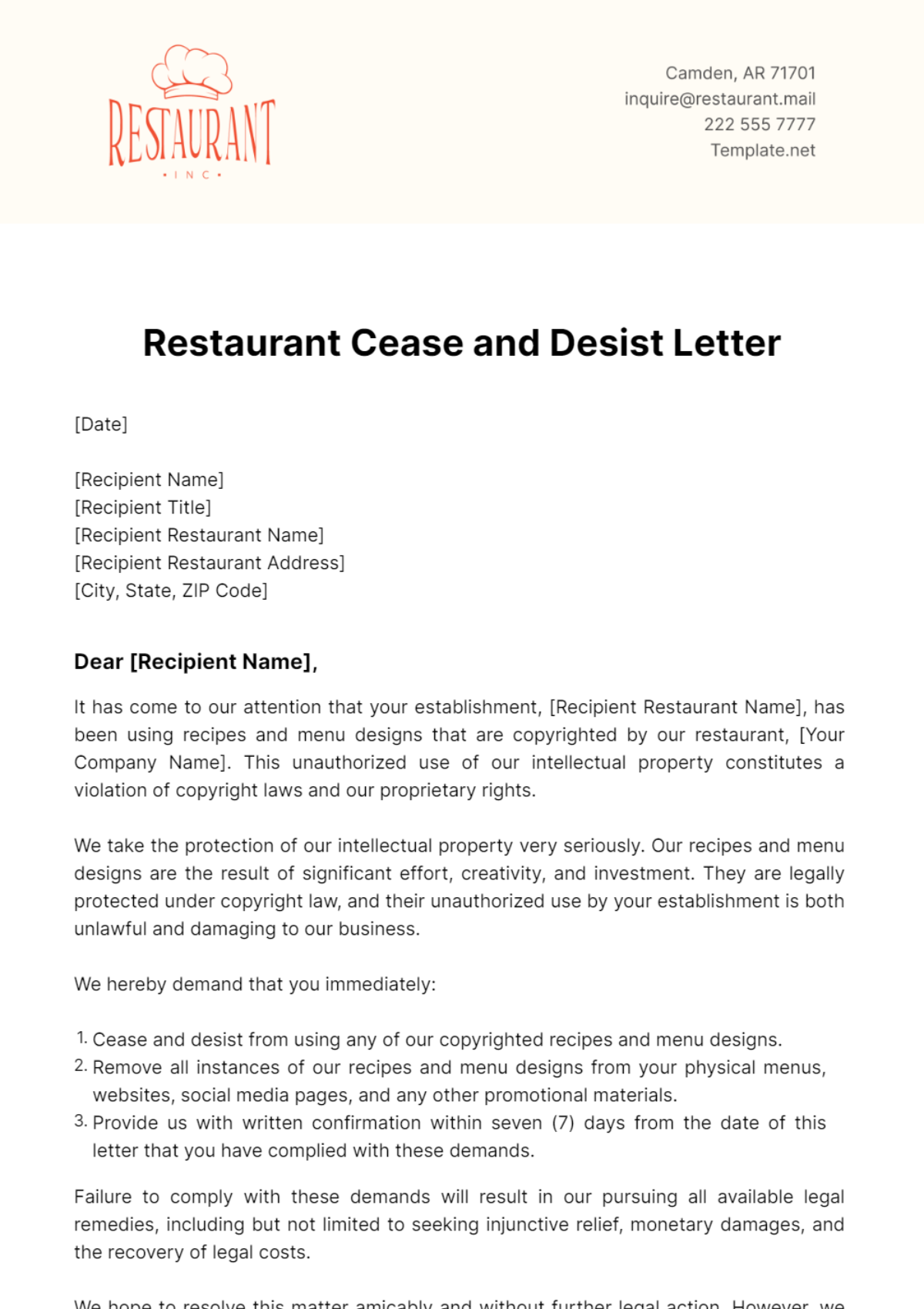 Restaurant Cease and Desist Letter Template - Edit Online & Download