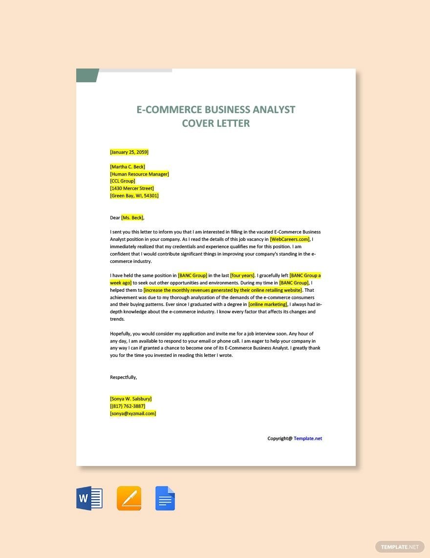 E Commerce Business Analyst Cover Letter