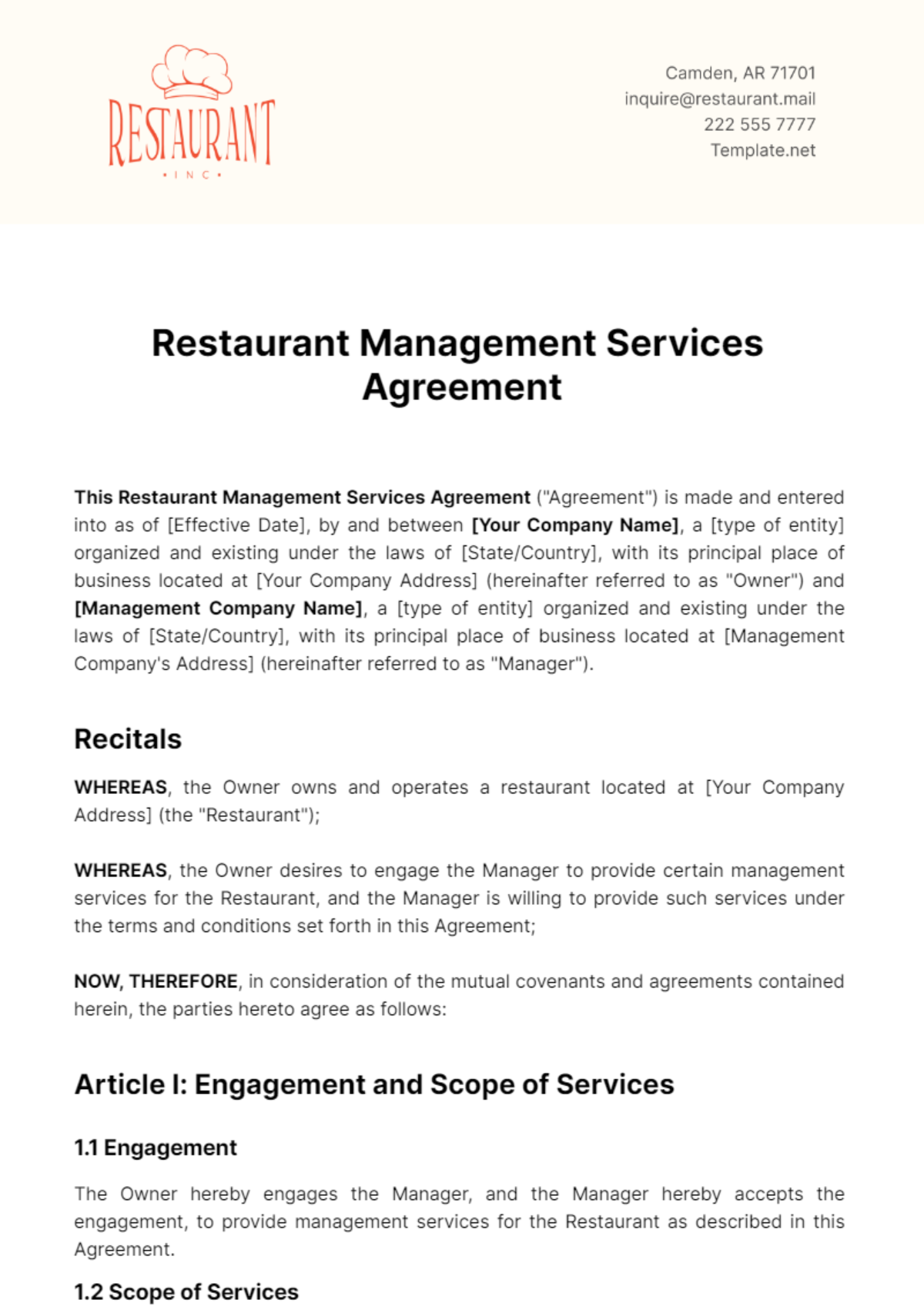 Restaurant Management Services Agreement Template