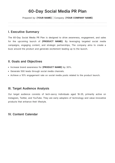 Free 60 Day Social Media PR Plan Template to Edit Online