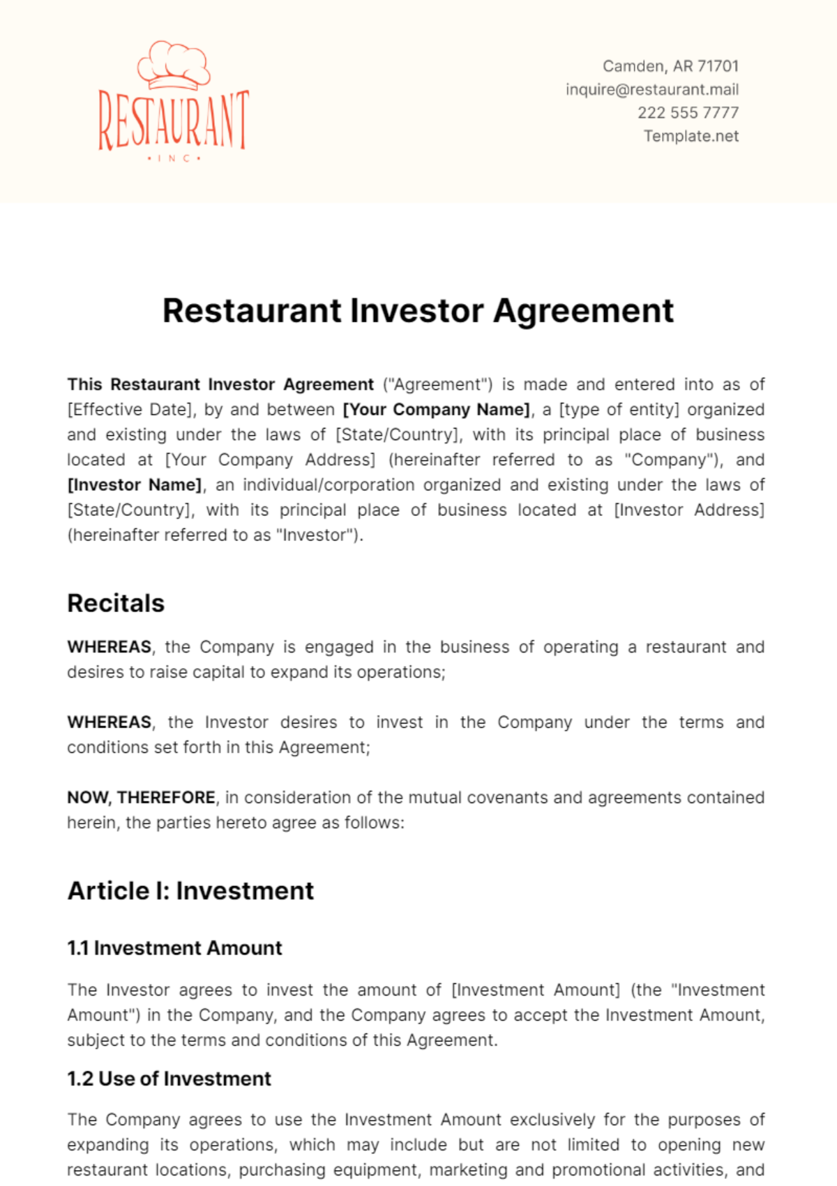 Restaurant Investor Agreement Template - Edit Online & Download