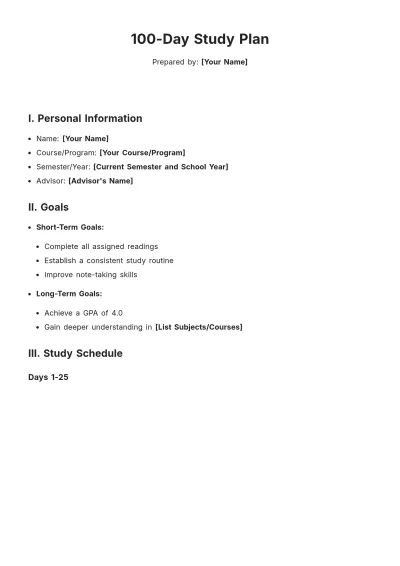 Free 100 Day Study Plan Template to Edit Online
